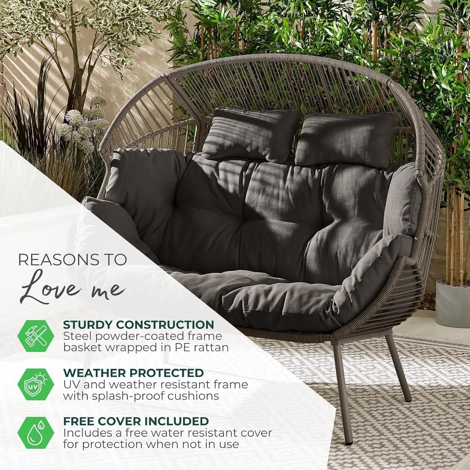 Grey Rattan Double Egg Chair 2 Seater Indoor Outdoor Patio Snug Seat w/ Cushions