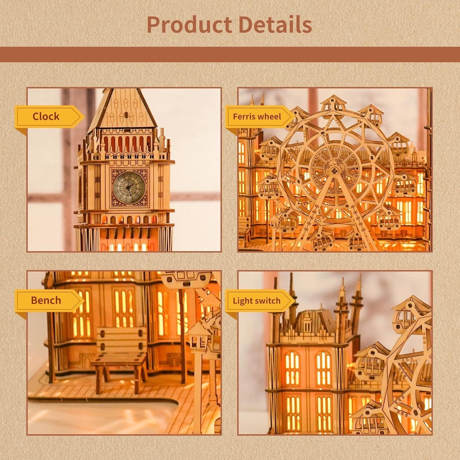 LED Big Ben Clock 3D Wooden Puzzle Ferris Wheel Model Kit Gift