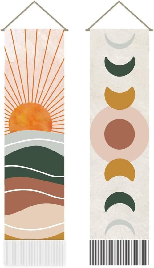 Boho Sun Moon Tapestry 2pcs 45.7x13in Vertical Wall Hanging Decor