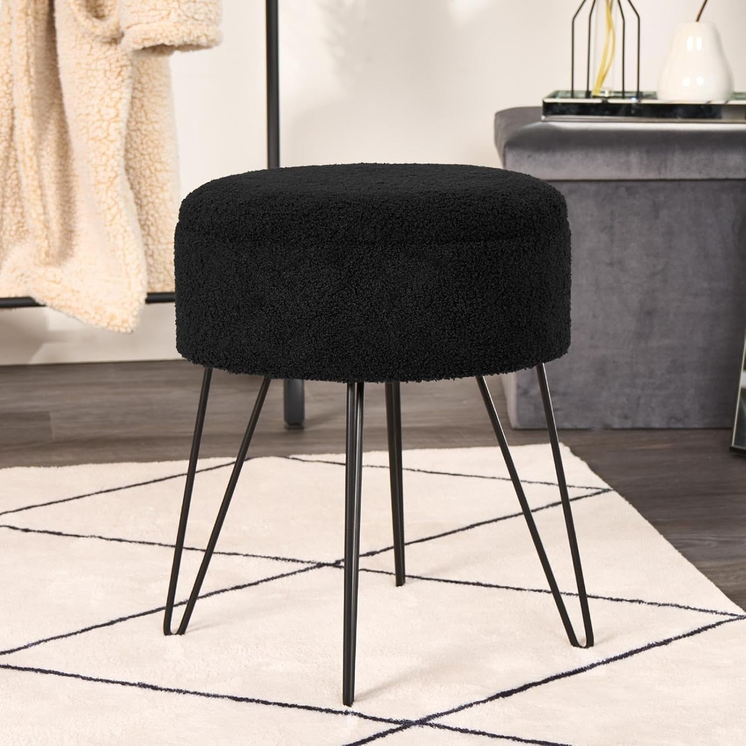 Black Bouclé Storage Stool Round Footrest Hairpin Leg Vanity Seat