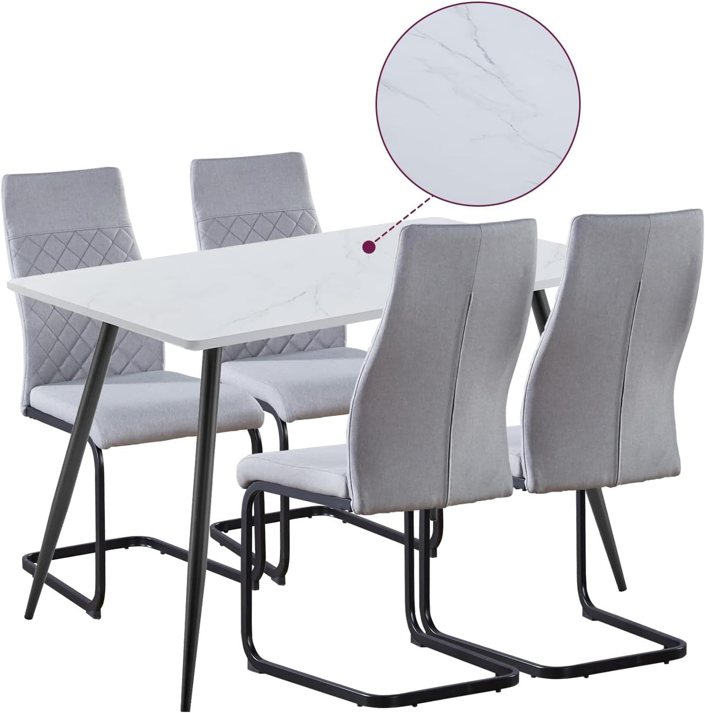 Marble Effect Dining Table & 4 High Back Grey Chairs – Small Kitchen Set
