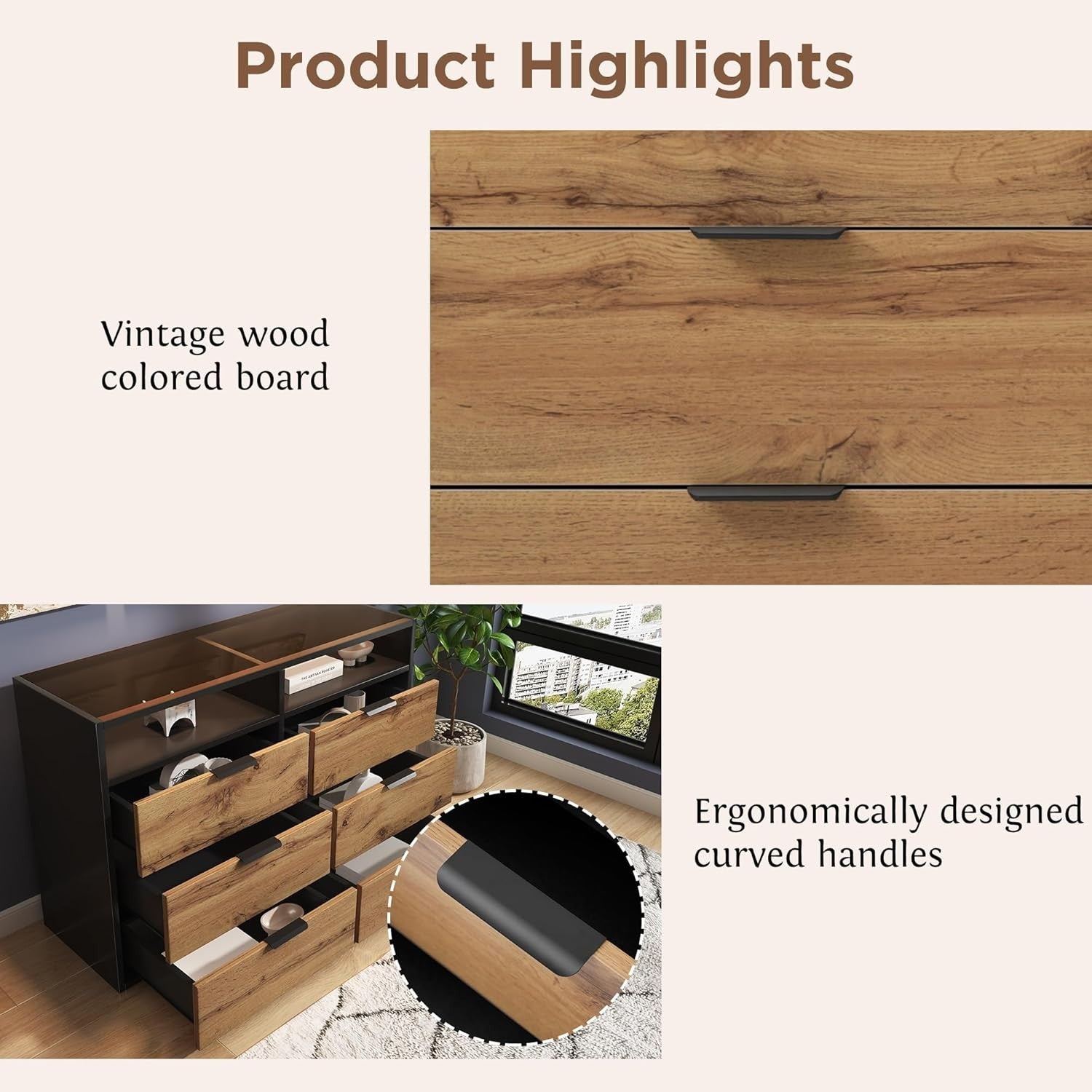 Oak Sideboard Cabinet 6 Drawers 2 Open Shelves 120x40x80cm Anti-Tip
