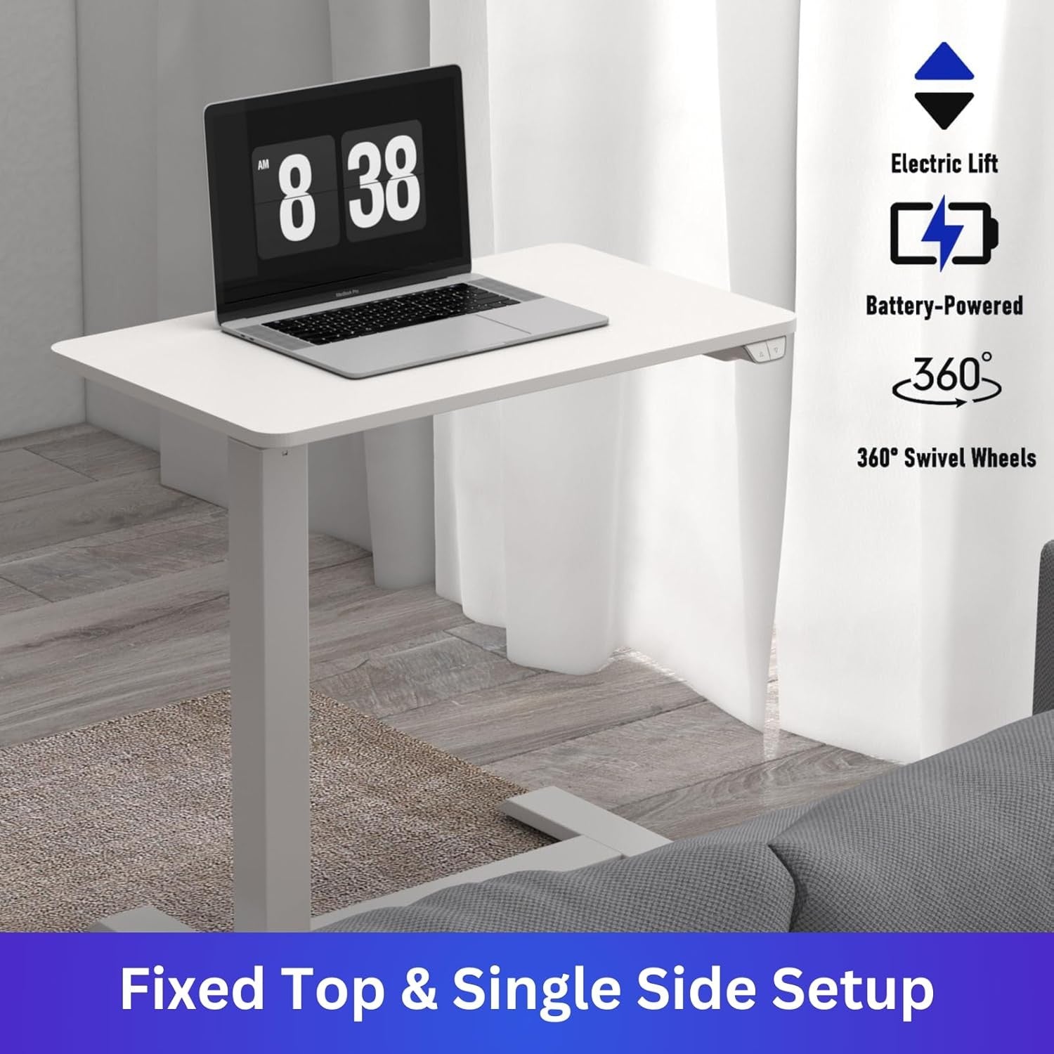 Electric Standing Desk on Wheels Height Adjustable Overbed Laptop Table White