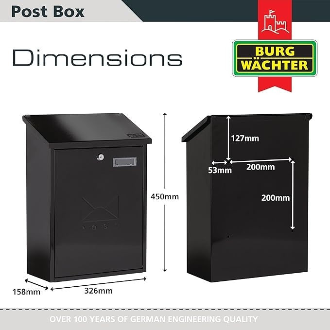 Lockable Wall Mounted Post Box Black Steel Weatherproof Mailbox 45x33x15cm