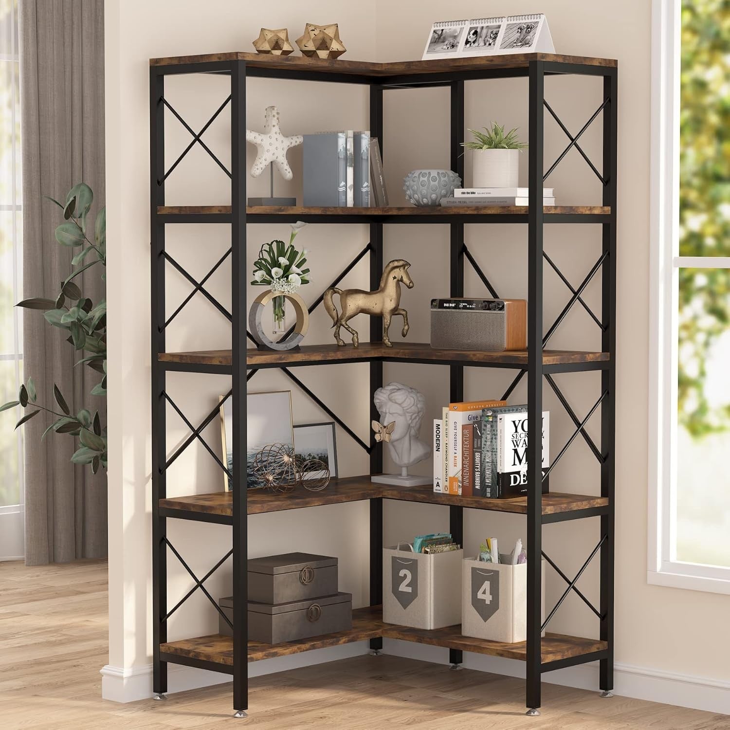 Tall 5-Tier Corner Bookshelf | Rustic Wood & Metal Industrial Display Storage Un