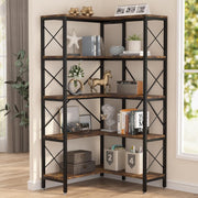 Tall 5-Tier Corner Bookshelf | Rustic Wood & Metal Industrial Display Storage Un