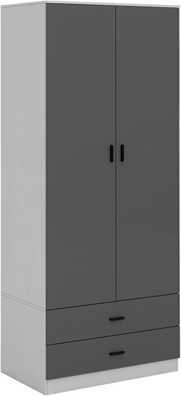 Tall Grey 2 Door Wardrobe with Black Drawers & Rail | Bedroom Storage