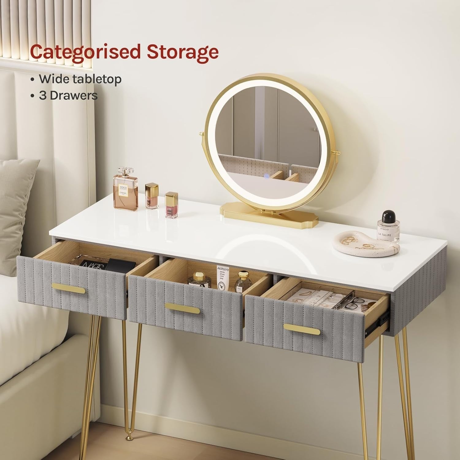 Velvet Dressing Table with Lighted Mirror Stool 3 Drawer Vanity Desk Set