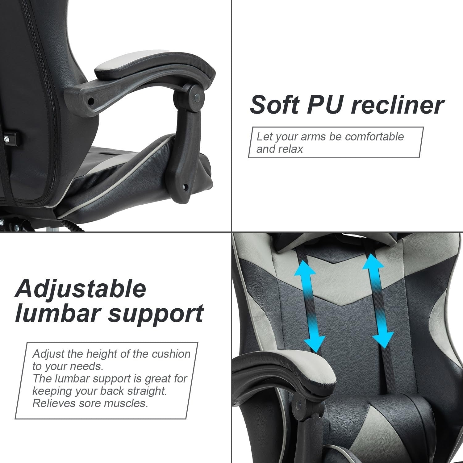 Ergonomic Grey Gaming Chair Swivel Faux Leather Adjustable Lumbar Office