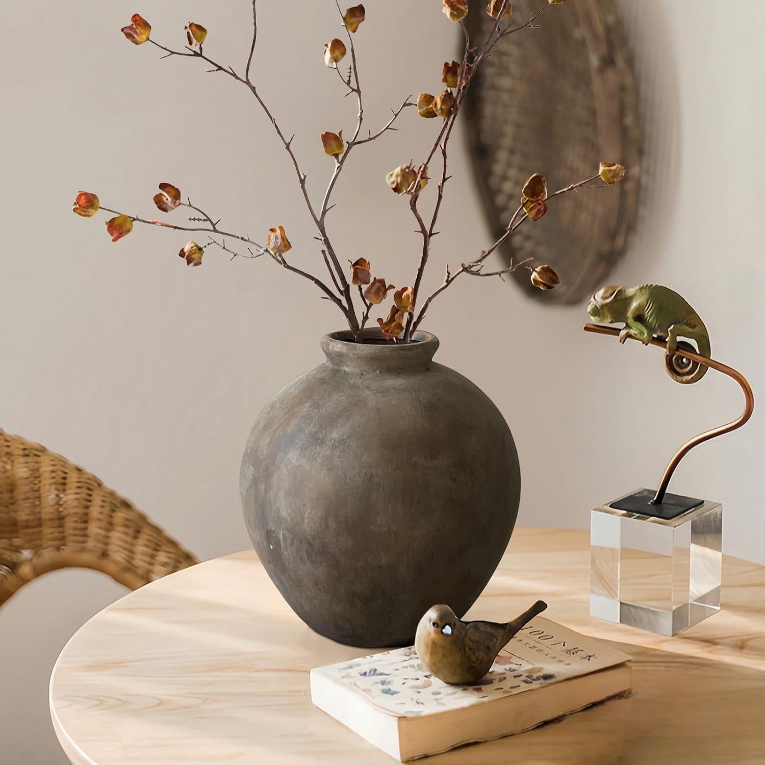 Large Rustic Ceramic Vase Brown Round Decorative Flower Vase 22cm Home Decor