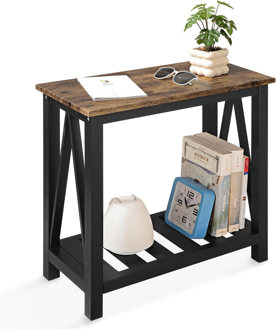 Narrow Industrial Side Table with Storage Shelf, Compact Sofa Nightstand