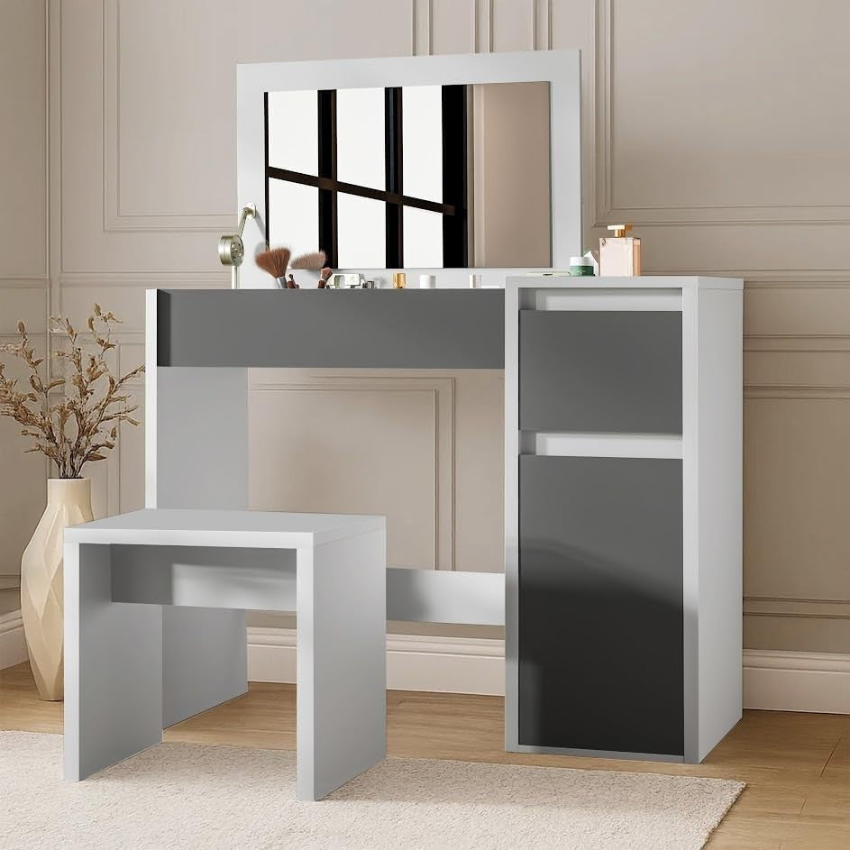 Vanity Dressing Table Set w/Flip-Up Mirror Desk Stool Drawer Hidden Storage Grey
