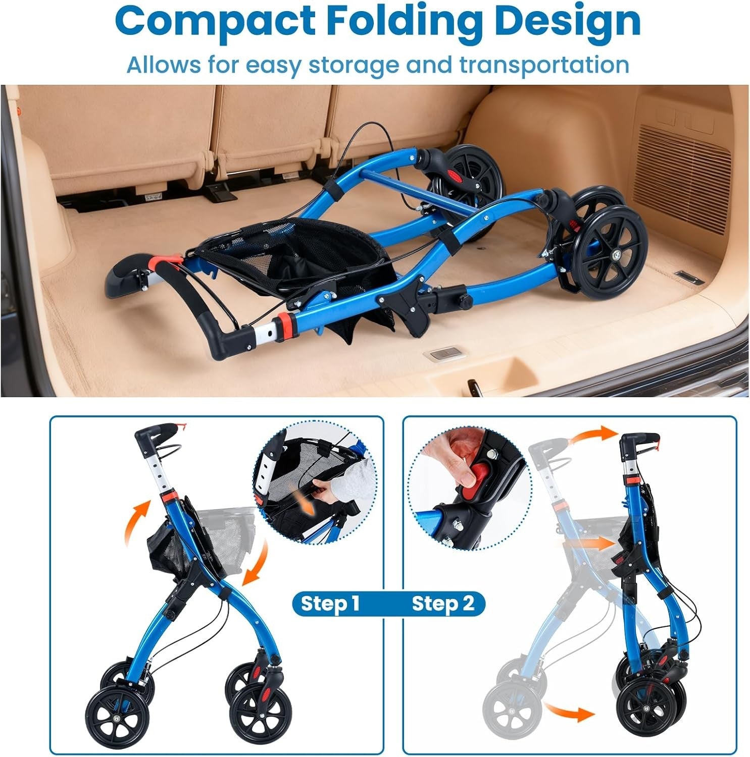 4 Wheel Rollator Walker Lightweight Walking Aid Brakes Tray