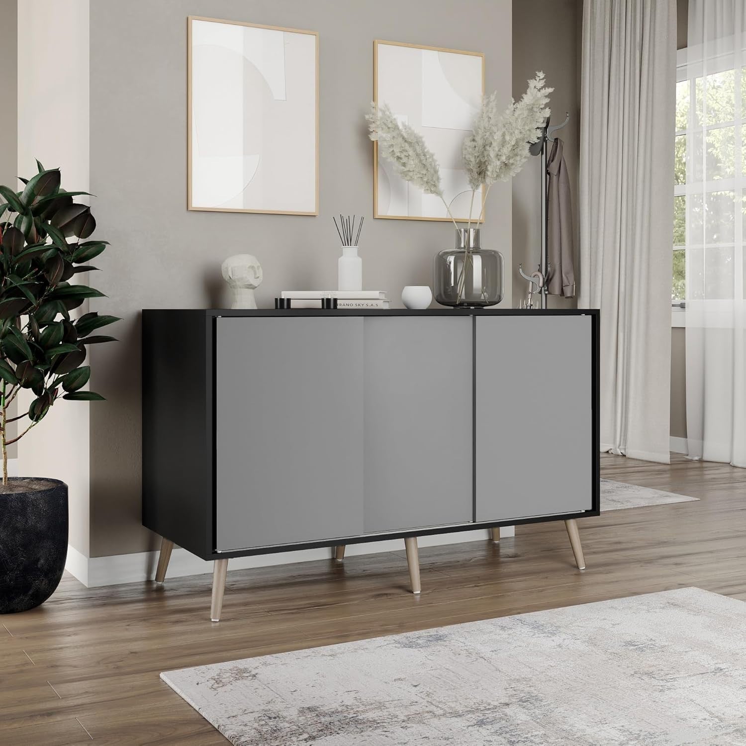 Modern Sideboard Cabinet Oak with Grey Doors| Sliding Doors Storage Unit 3 Door