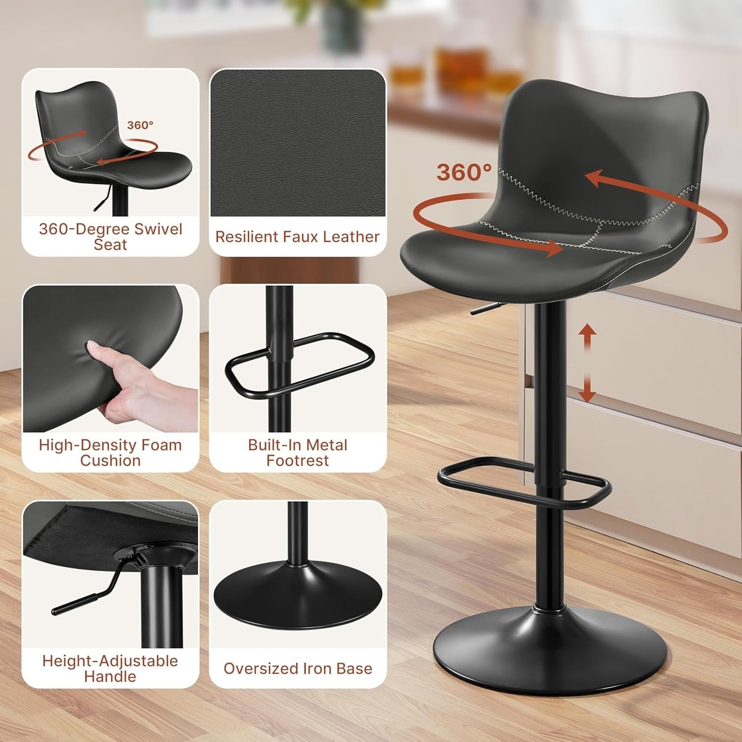 Adjustable Swivel Bar Stools Set of 2 Dark Grey PU Counter Height