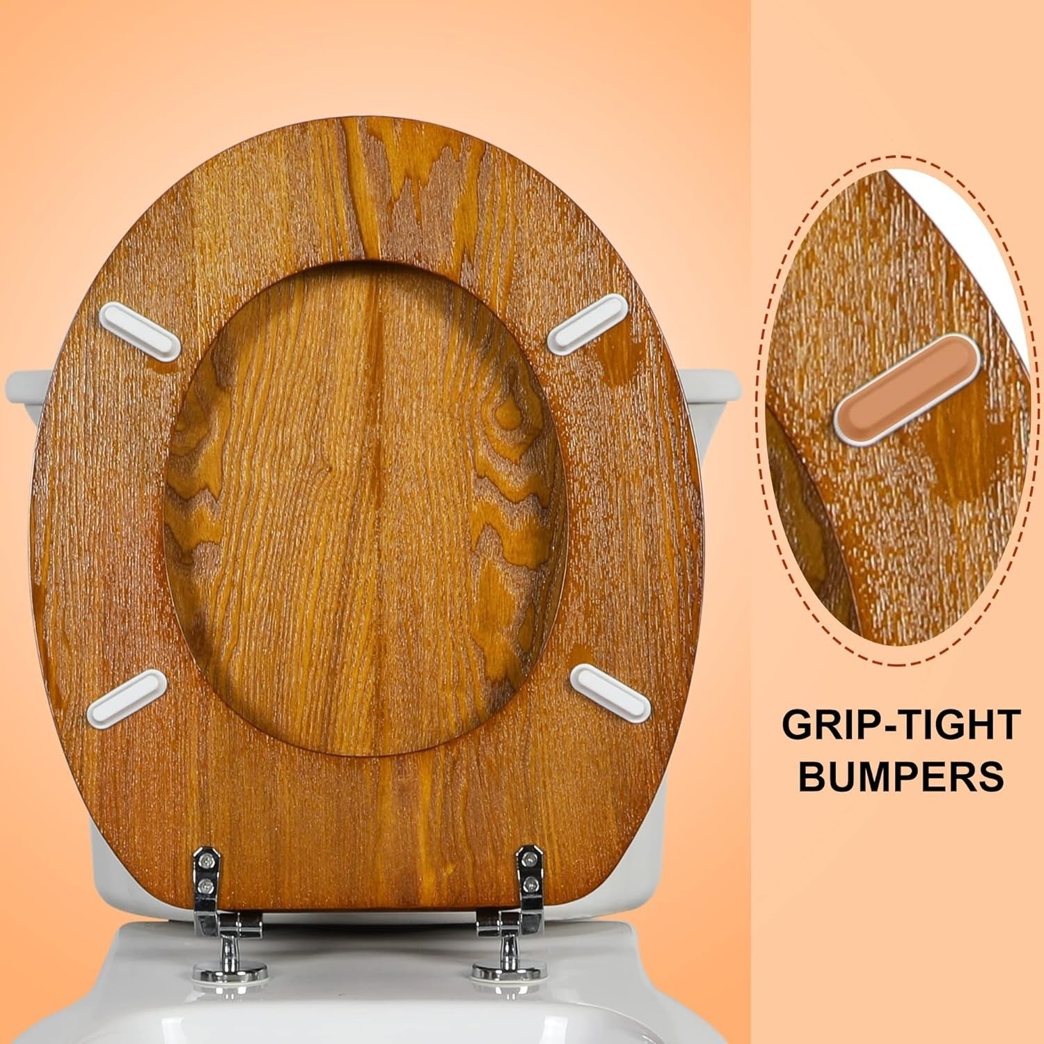 Natural Wooden Toilet Seat Antibacterial Oval Oak Yellow Adjustable Zinc Hinges