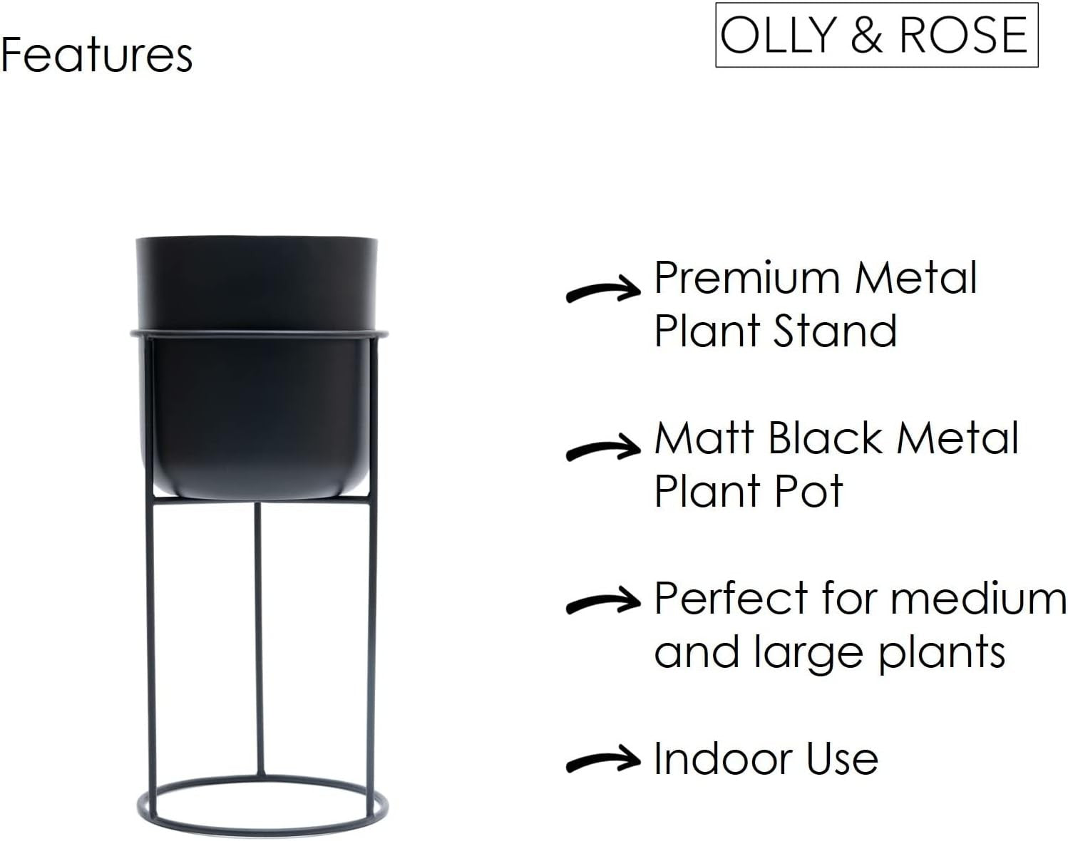 Black Metal Plant Stand with Pot 50cm Tall Indoor Modern Decorative Planter