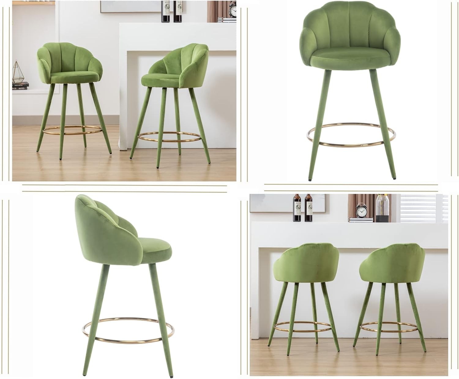 Green Velvet Bar Stools Set of 4 Modern Kitchen Counter Breakfast Chairs