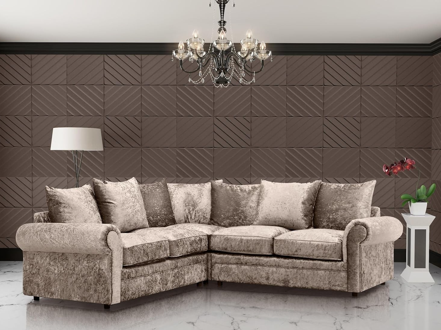 Luxury 5-Seater Mink Crushed Velvet Corner Sofa Set 3+2 Seater with Memory Foam
