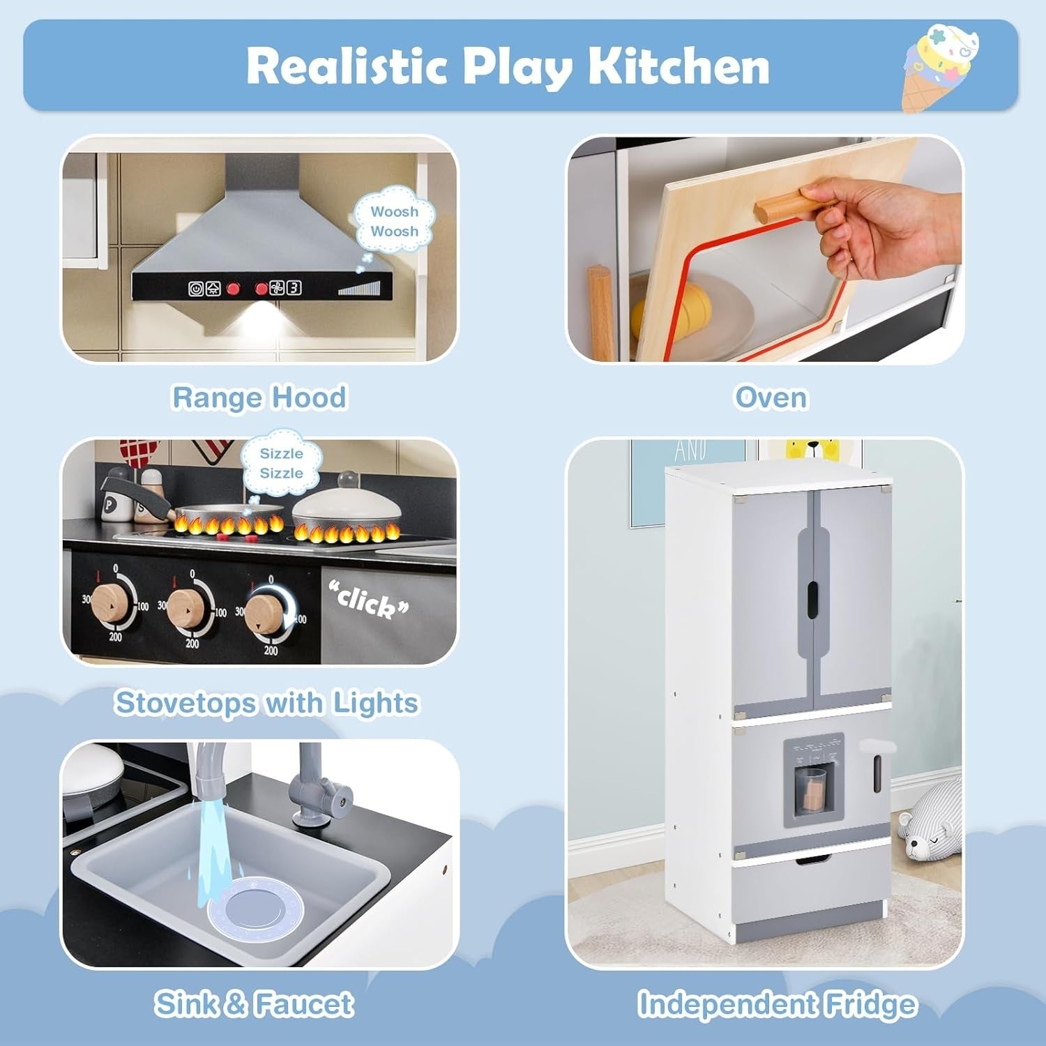 Wooden Kids Play Kitchen Set w/ Fridge Lights Sounds Accessories