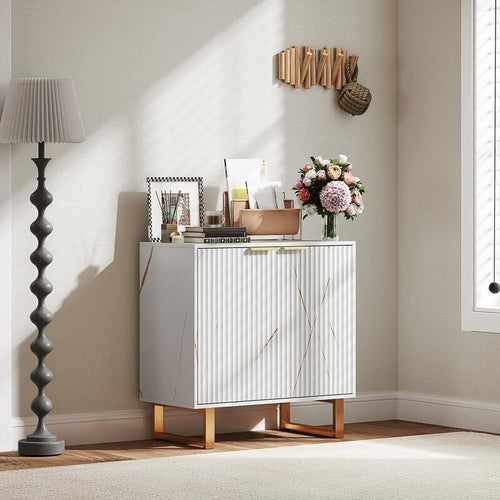White Fluted Sideboard Cabinet with Gold Legs – Marble Effect Storage Unit