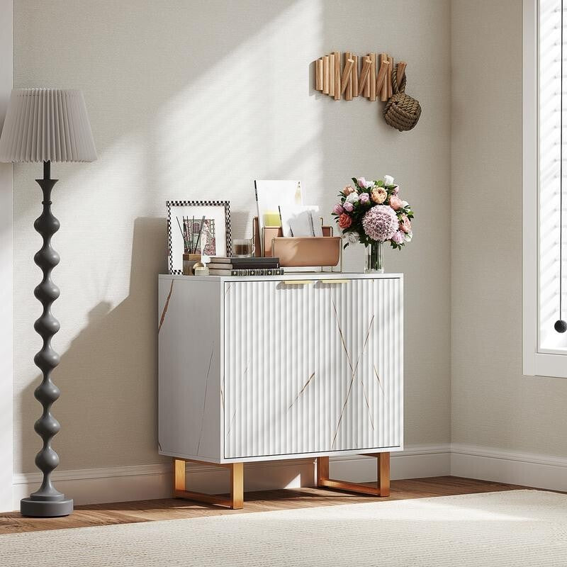 White Fluted Sideboard Cabinet with Gold Legs – Marble Effect Storage Unit