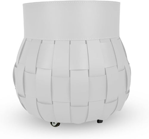White Leather Firewood Basket with Wheels – Indoor Log Holder, 45x45x48 cm