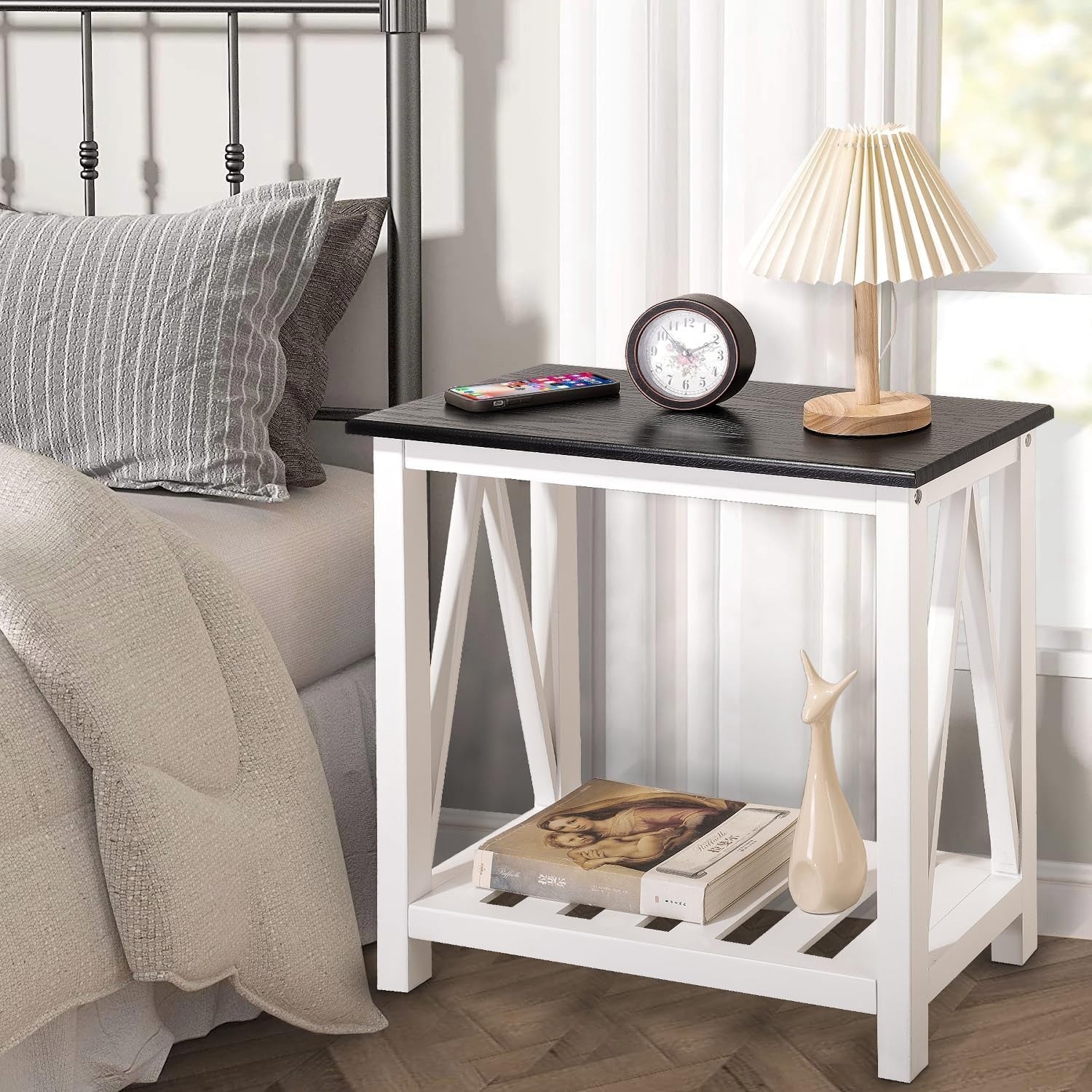 Narrow Black & White Side Table with Storage Shelf, Rustic Nightstand