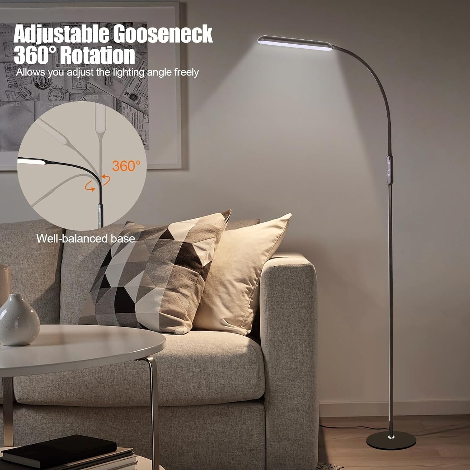 LED Floor Lamp Touch Dimmable Gooseneck Reading Light Adjustable Black