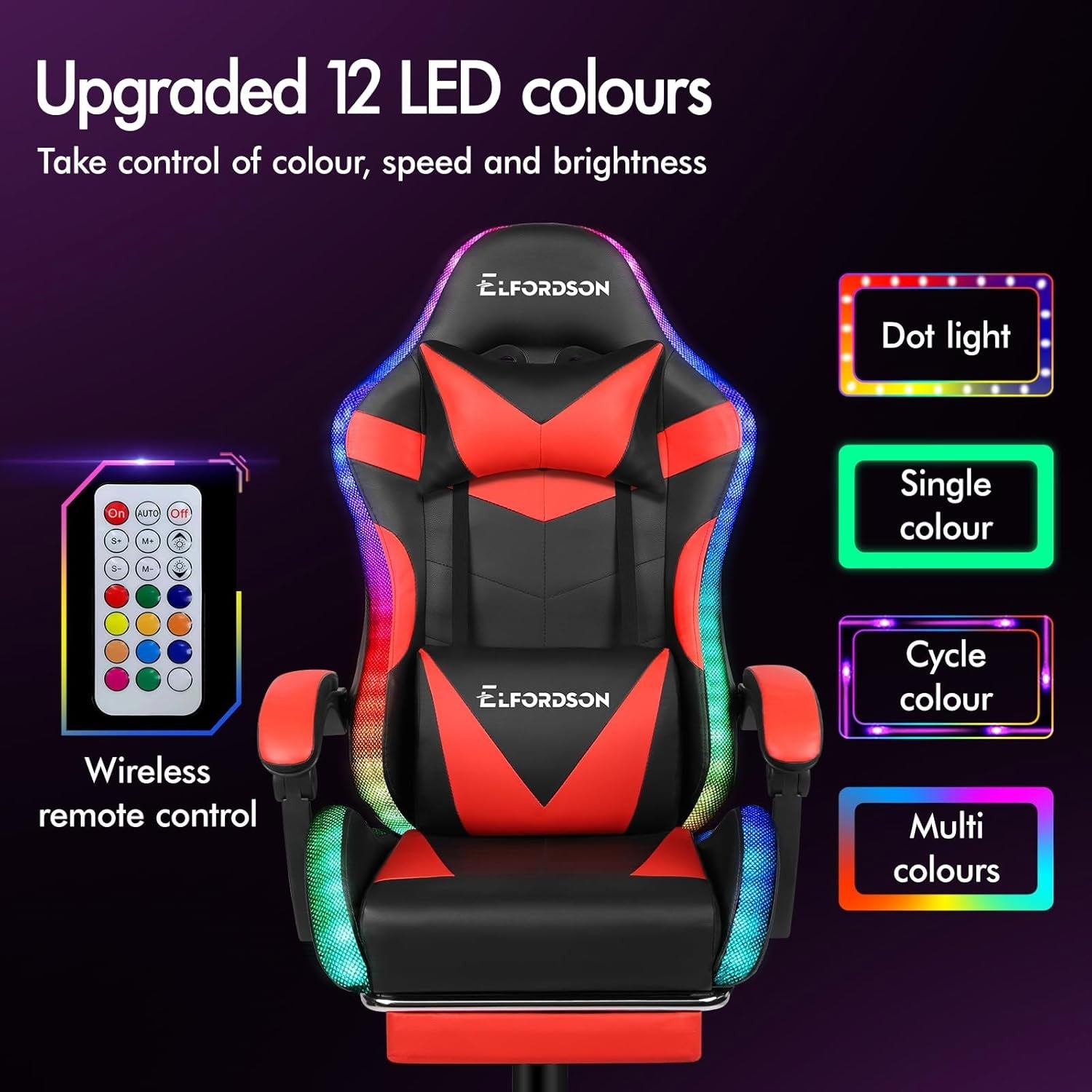 Red LED Gaming Chair RGB 8-Point Massage Recliner w/ Footrest
