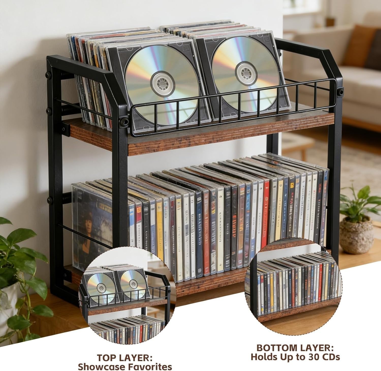 2 Tier CD Storage Rack Vinyl Record Shelf Organizer Holds 60 Discs