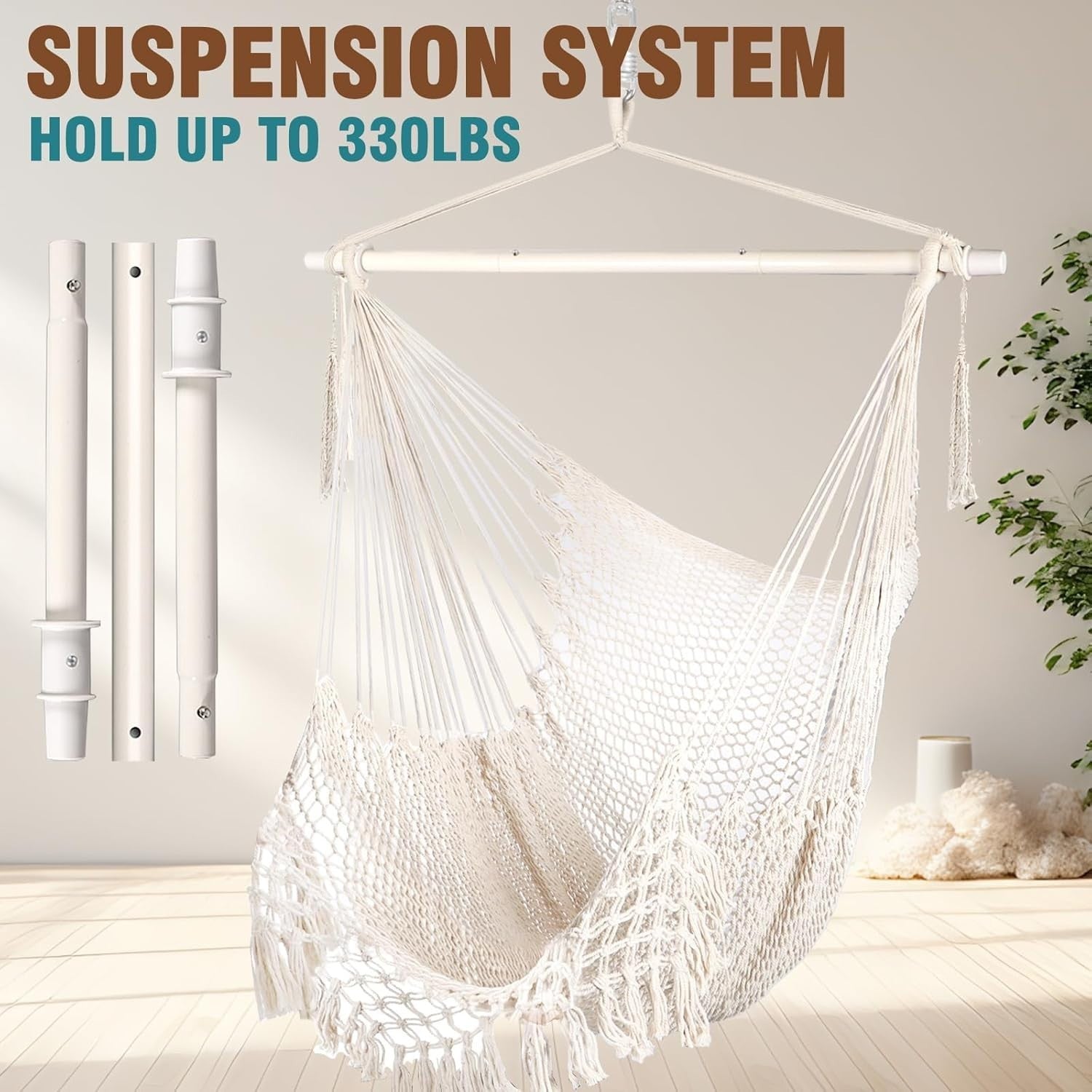 Natural White Hanging Hammock Chair – Breathable Mesh, Indoor Outdoor, 120kg