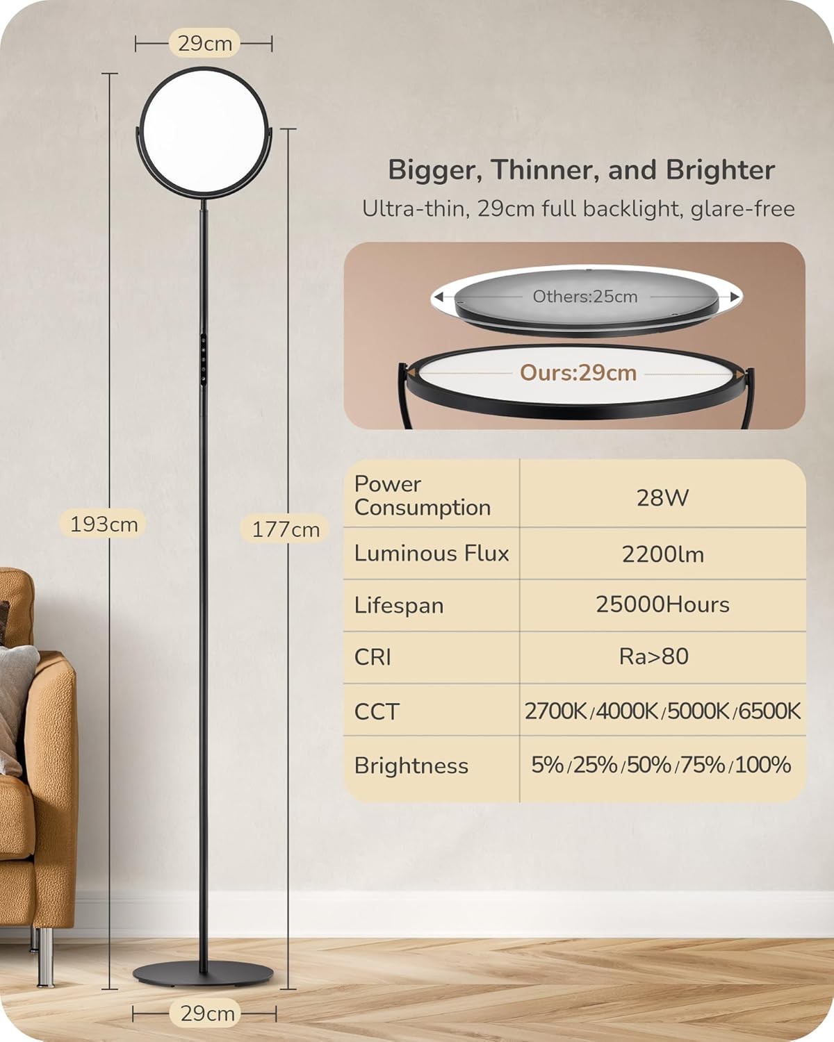 LED Uplighter Floor Lamp Dimmable 193cm Tall Remote Touch Reading Light