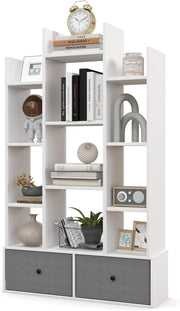 White Tree-Shaped Tall Bookcase 12 Cube Storage Shelf with 2 Drawers 80×24×132cm
