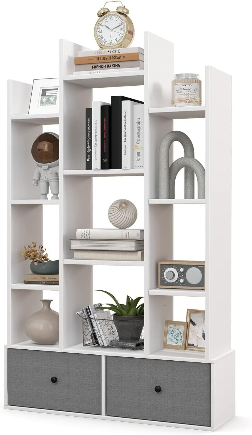 White Tree-Shaped Tall Bookcase 12 Cube Storage Shelf with 2 Drawers 80×24×132cm