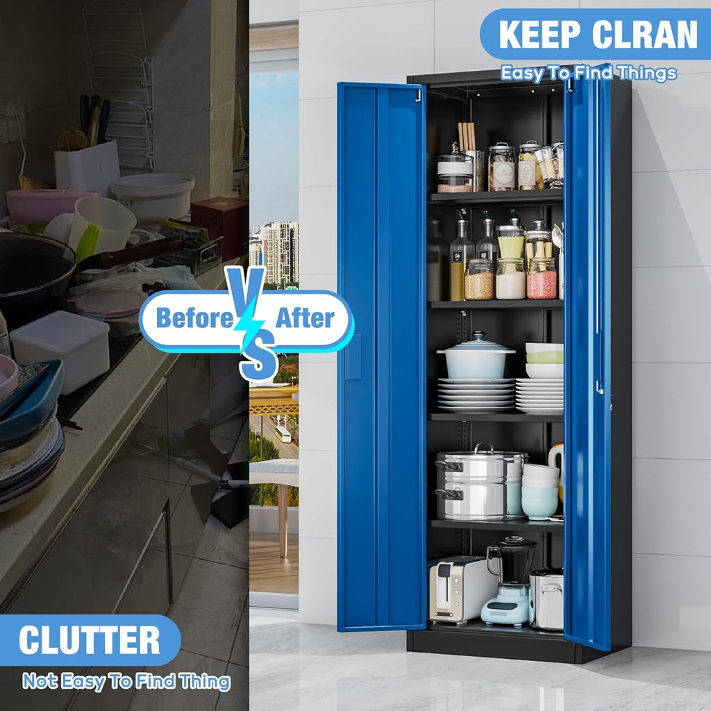 Black Blue Metal Storage Cabinet 2 Door Lockable Steel Cupboard Shelves 180cm