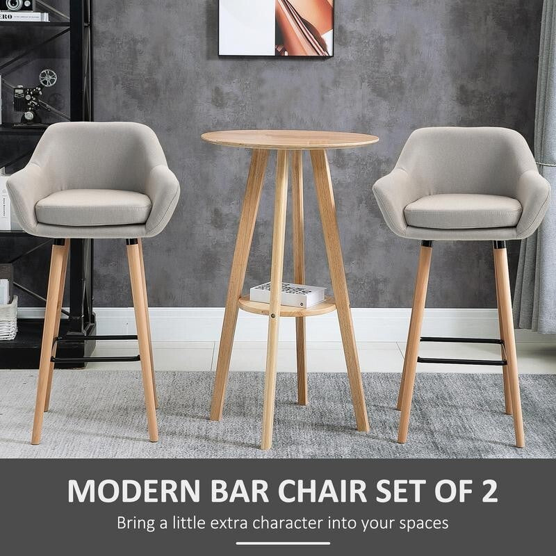 2x Beige Linen Bar Stools with Backrest Armrest Wood Legs for Kitchen