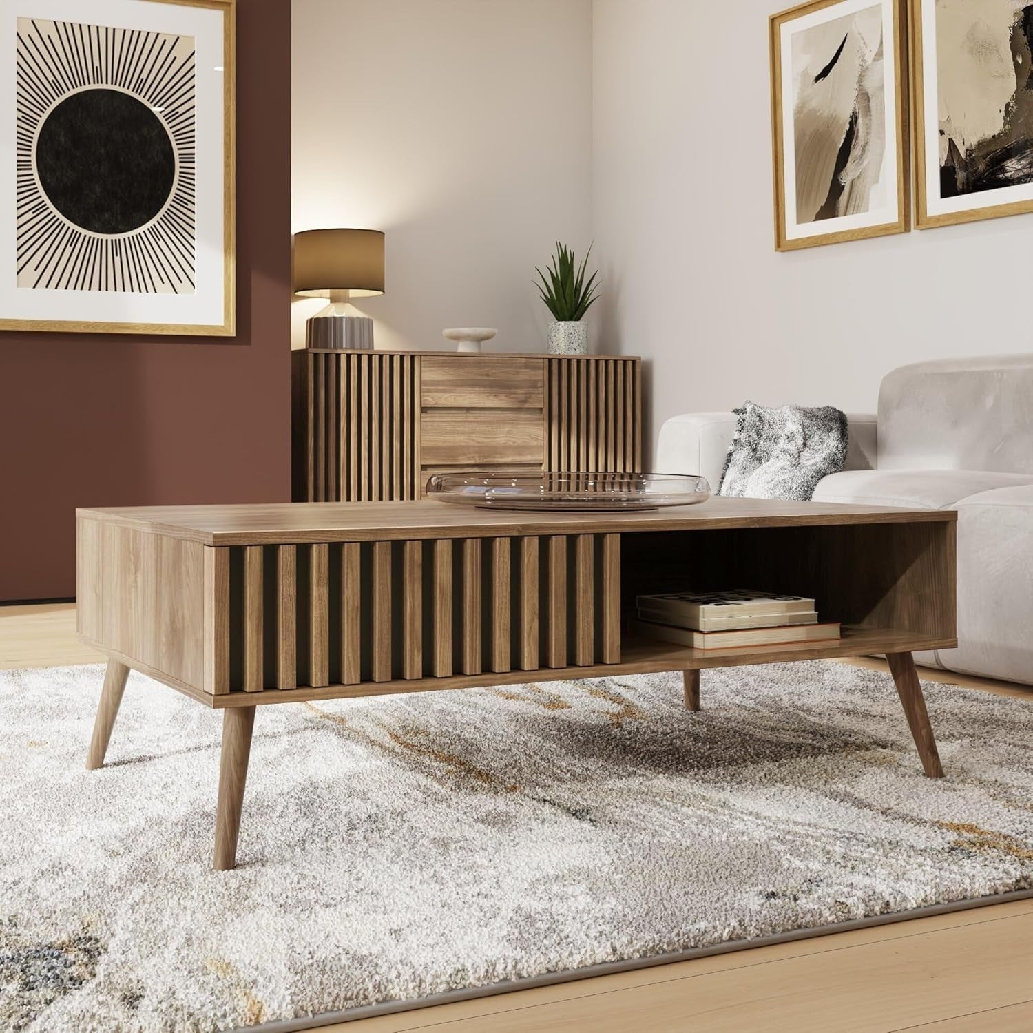 Modern Oak Coffee Table with Drawer & Shelf | Living Room Storage Display 119cm