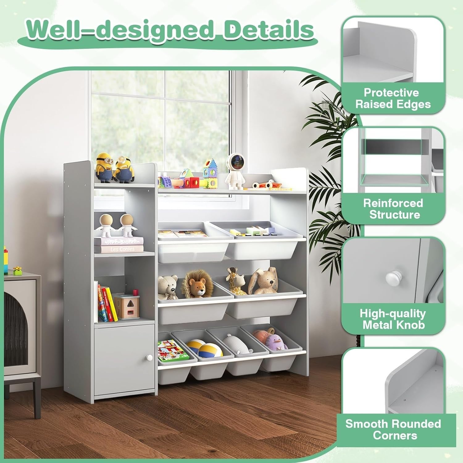 Kids Toy Storage Organizer with 8 Bins, Cabinet & Shelves, Safe & Waterproof