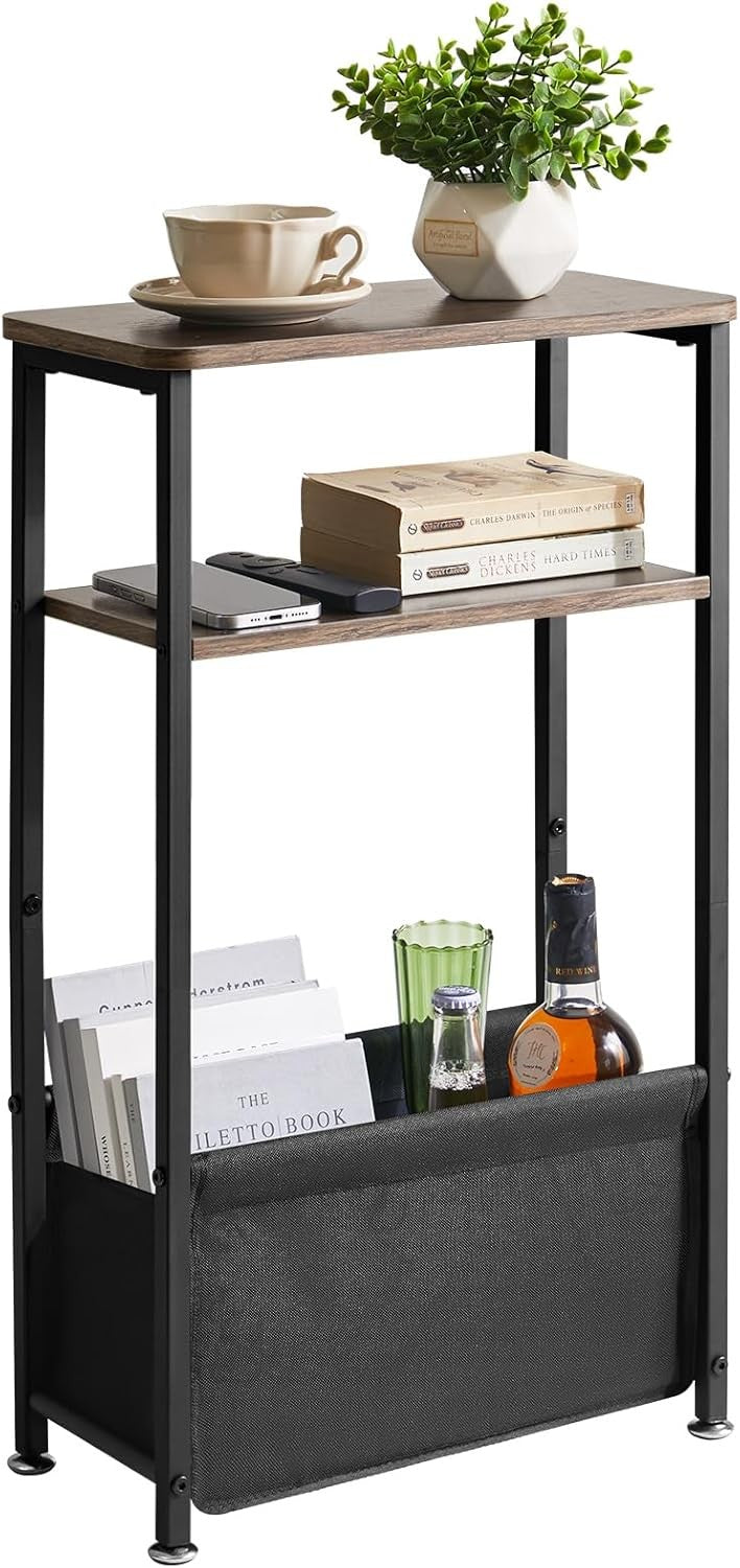 Slim 3-Tier Side Table Storage Basket – Narrow Bedside/End Table for Small