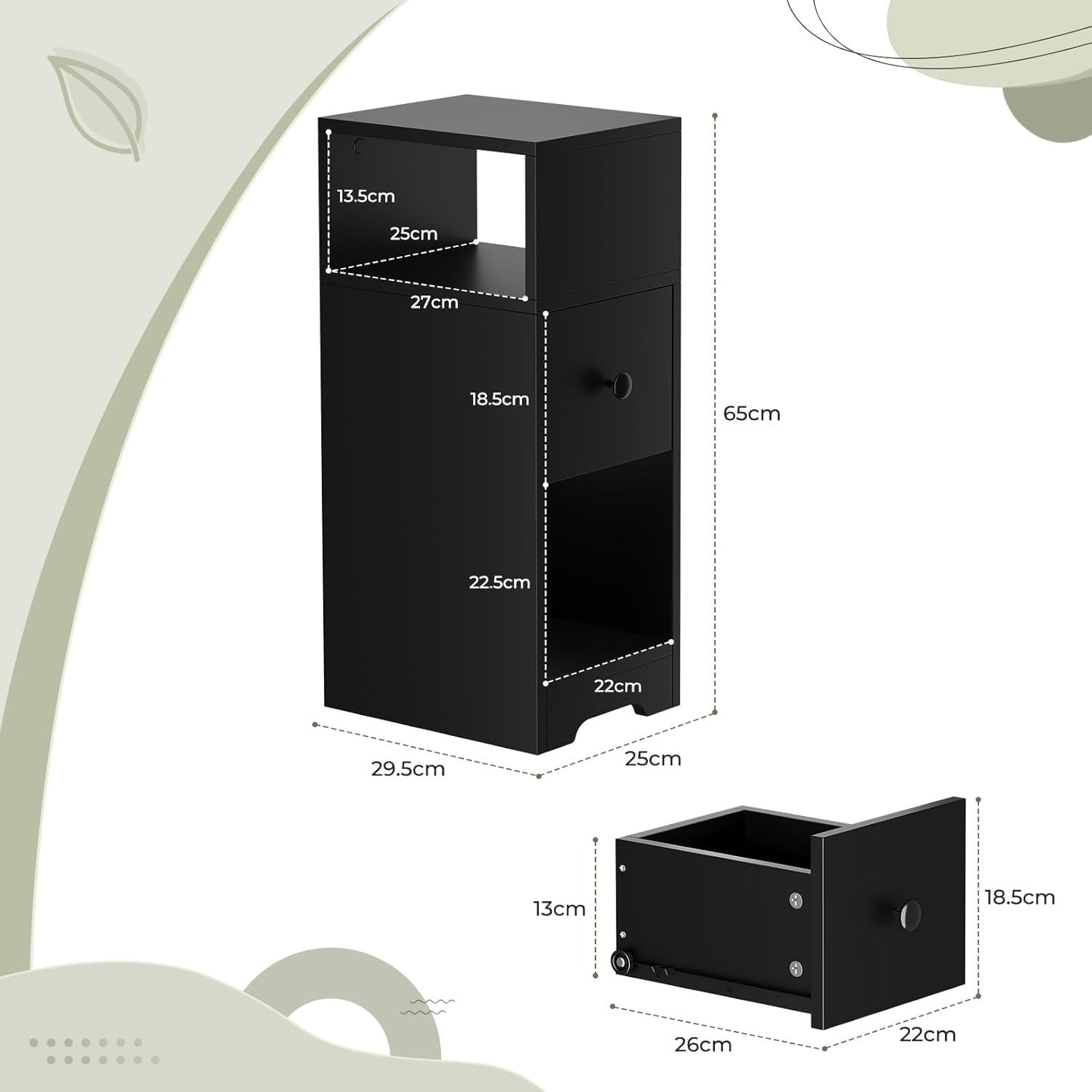 Set of 2 Slim Black Bedside Tables with Drawer & Shelves | Modern