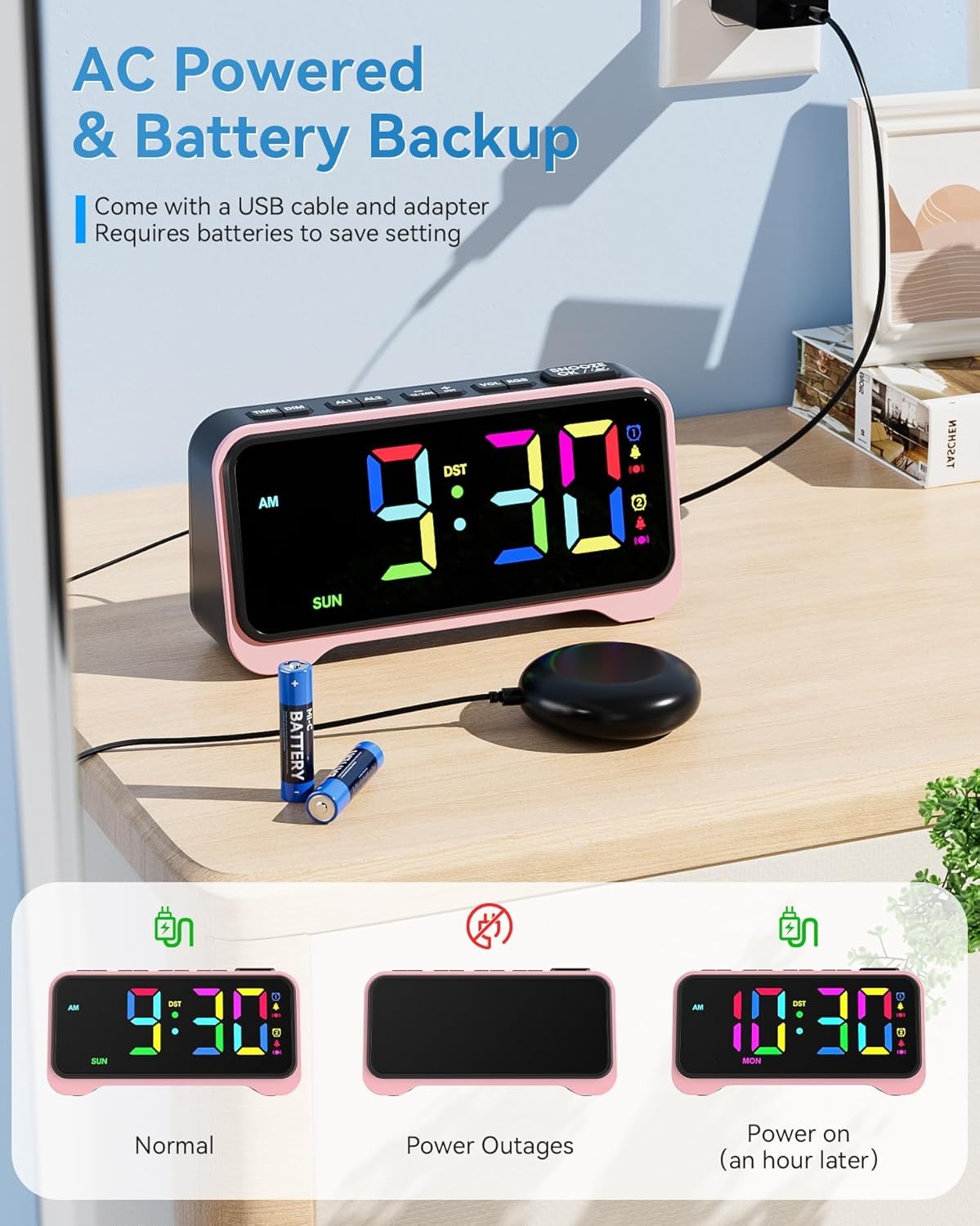 Loud Alarm Clock for Heavy Sleepers Vibrating Bed Shaker LED Night Light