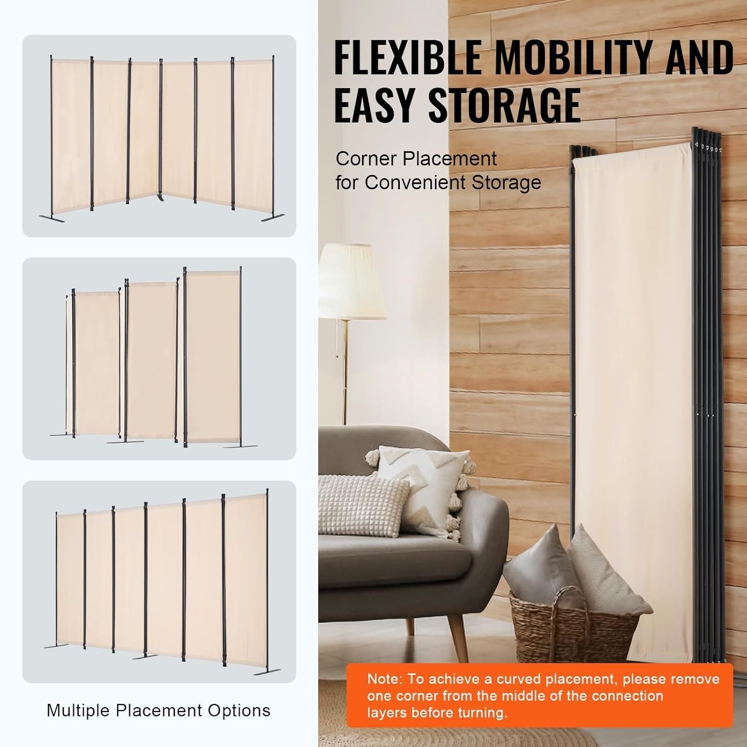 6 Panel Beige Folding Room Divider Privacy Screen Freestanding 317x181cm