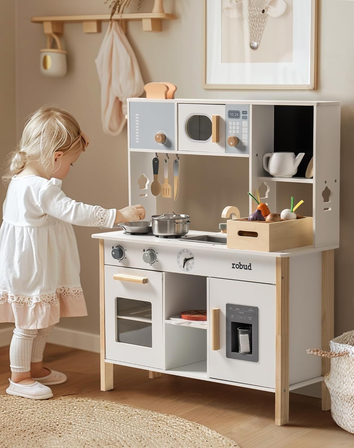 Wooden Kids Play Kitchen w/ Toaster Pizza Plant Box Montessori