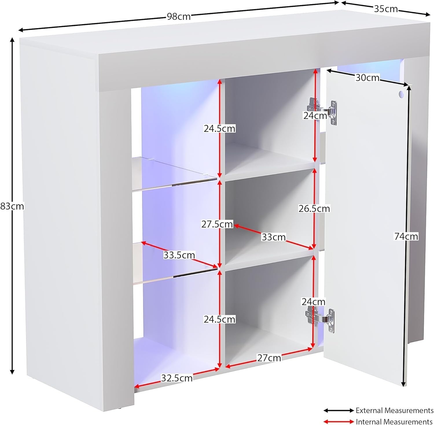 White LED Sideboard RGB Cabinet High Gloss Storage Unit Modern Display