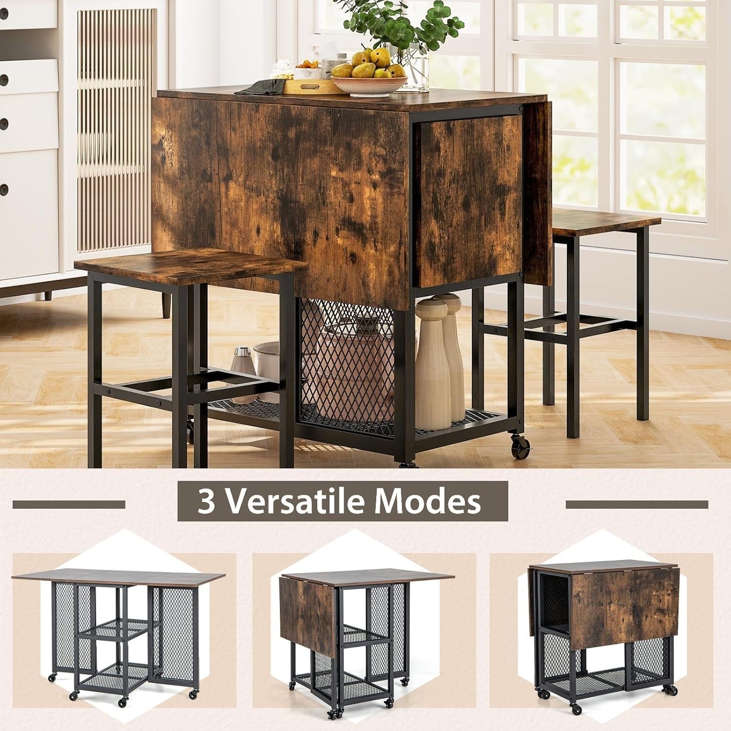 Space-Saving Folding Dining Table & Stools Set with Storage Shelves 120cm