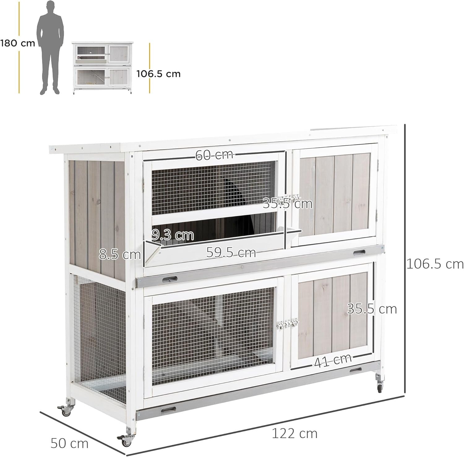 Two Tier Rabbit Hutch with Wheels Weatherproof Wooden Guinea Pig Cage
