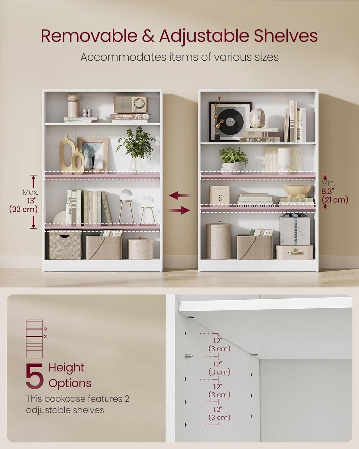 4 Tier White Wooden Bookcase Tall Storage Display Shelf for Living Room Office