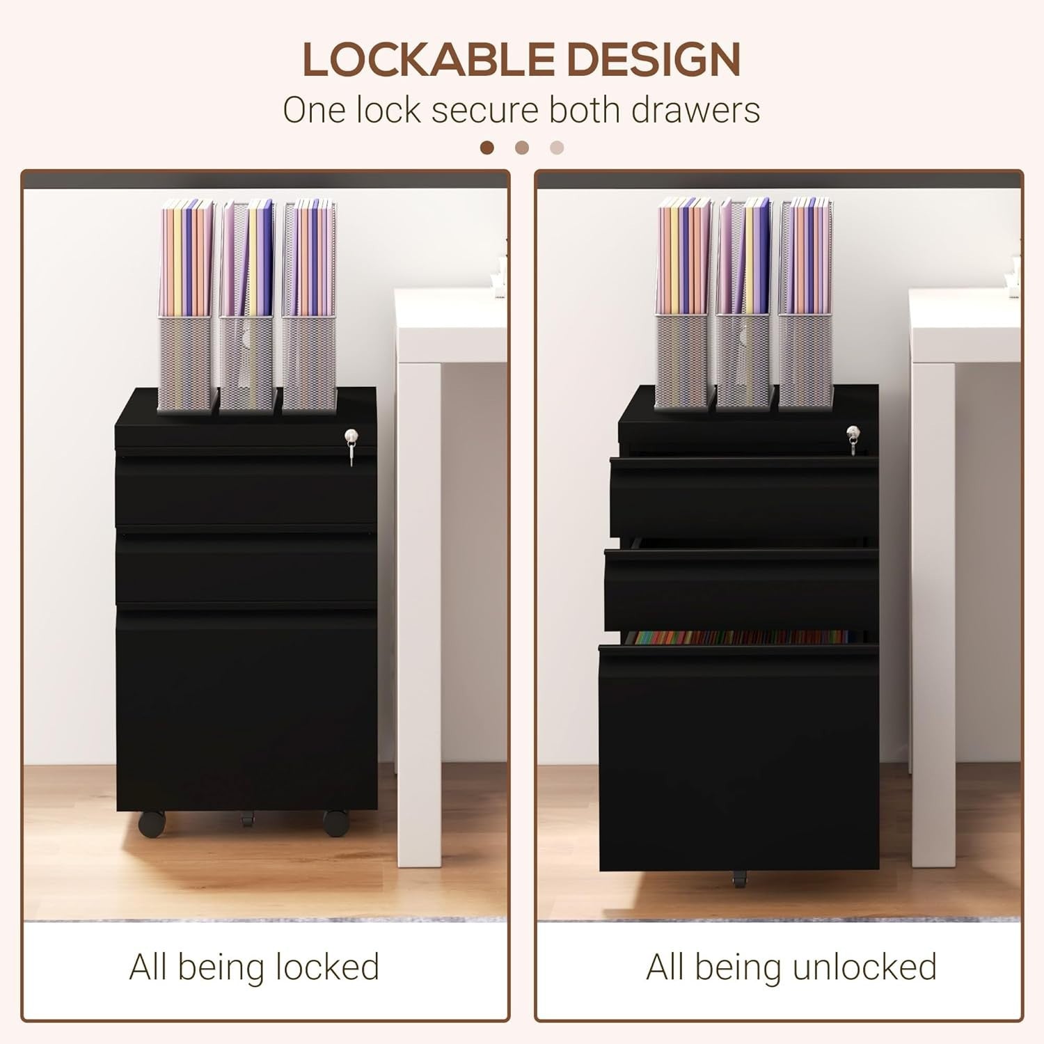 Black 3 Drawer Mobile Filing Cabinet Lockable Steel Office Storage with Wheels