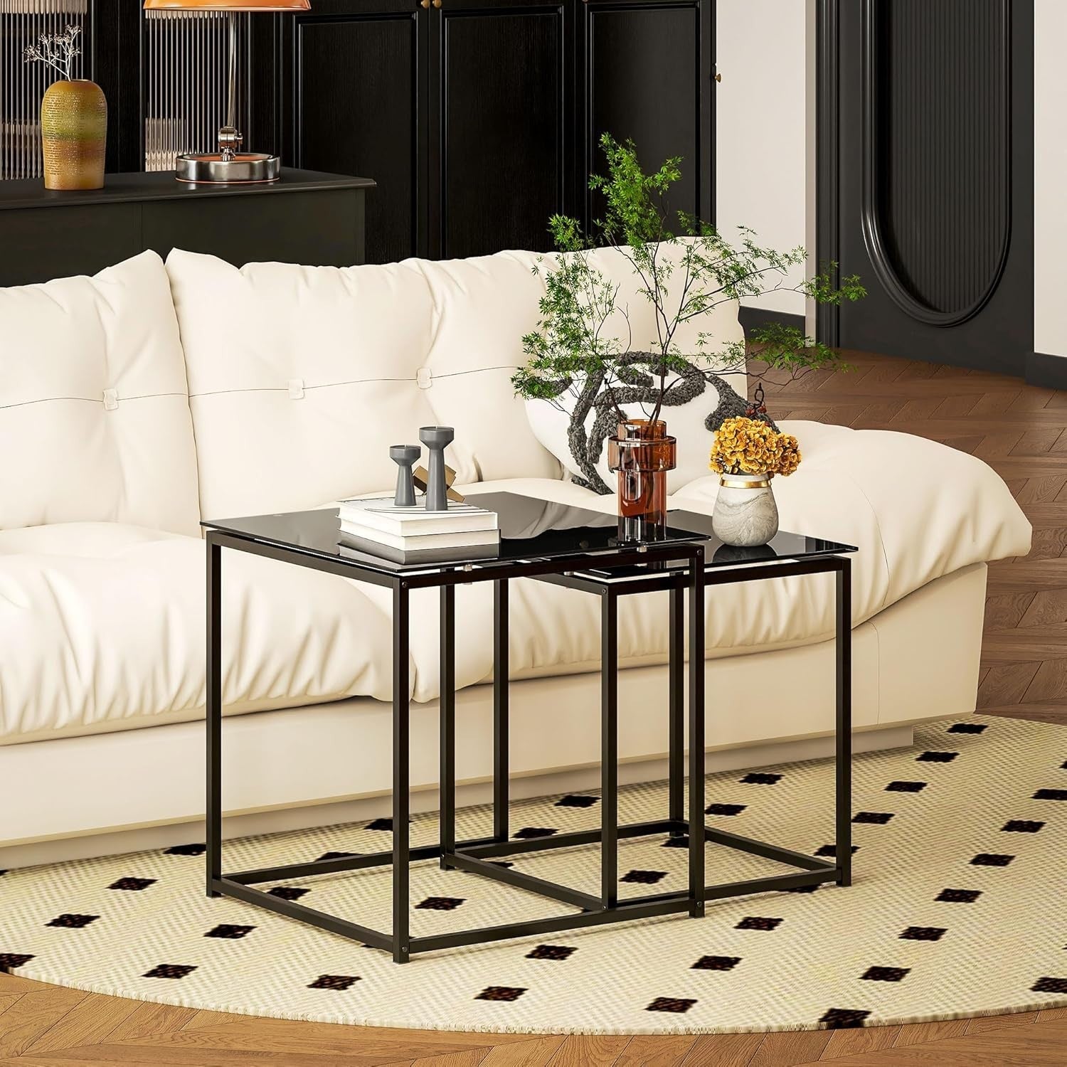 Nesting Coffee Table Set of 2 Black Tempered Glass Side End Tables Max 30KG